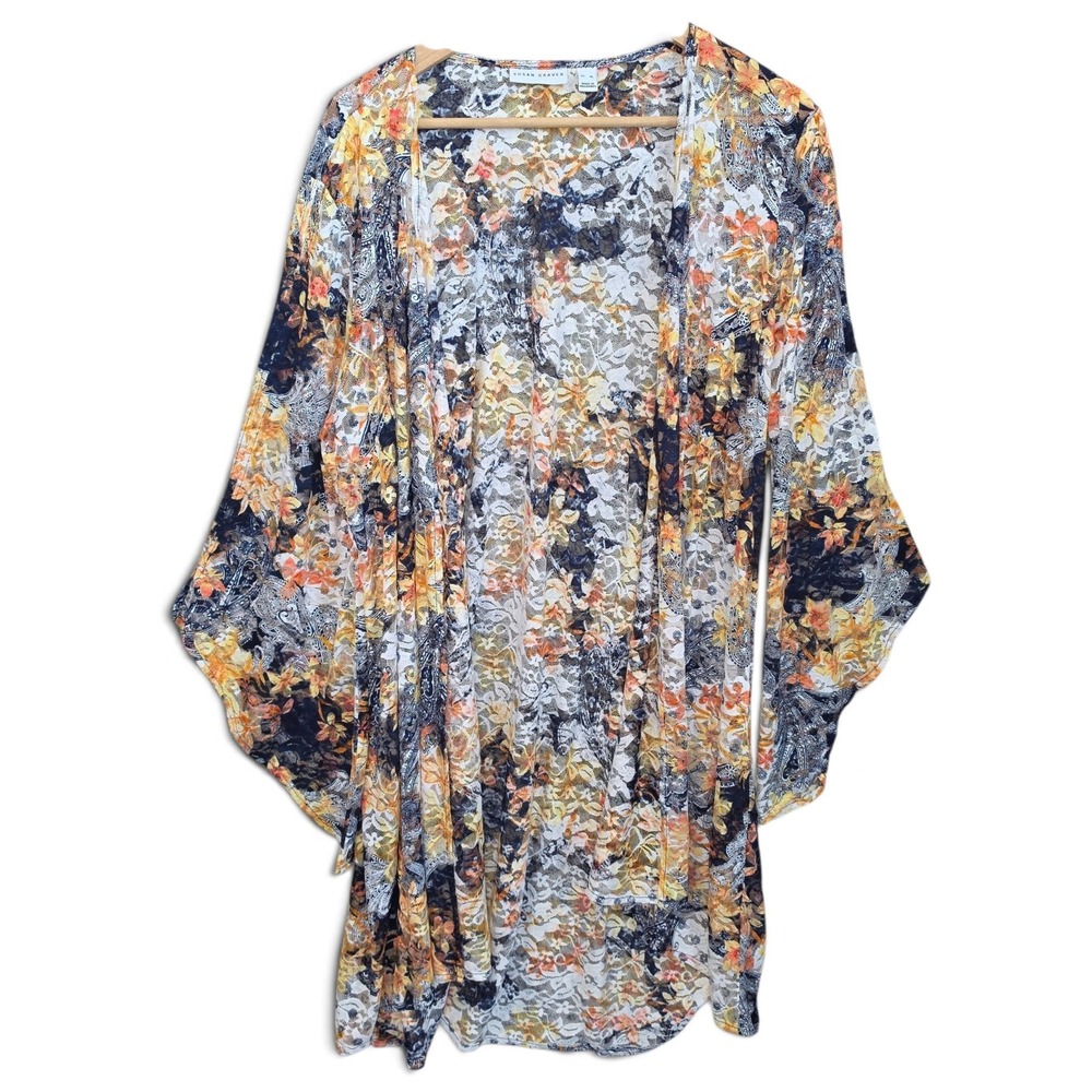Susan Graver Kimono Cardigan Womens XL Floral Paisley Open Front Lace Duster Top